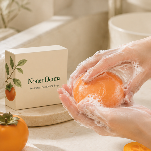 NonenDerma persimmon soap lathered in hands