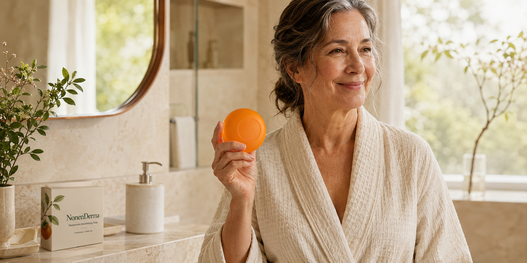 Woman holding NonenDerma Persimmon Deodorizing Soap